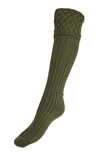 House of Cheviot Ladies Merino Cable Socks, Dk Olive