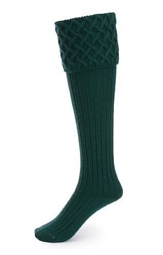 House of Cheviot Ladies Merino Cable Socks, Tartan Green
