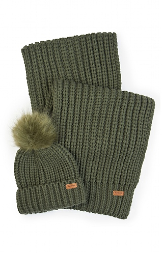 Ladies Barbour Saltburn Beanie and Scarf Gift Set - Olive