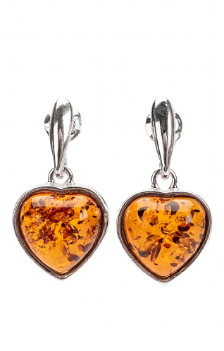 Silver and Amber Heart Drop Earrings