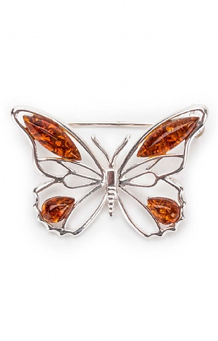 Silver and Amber Butterfly Brooch