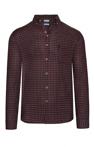 Men s Dario Beltran Long Sleeve Printed Cotton Shirt, Copper/Navy Gingham