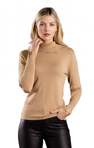 Ladies Marble Split Polo Neck Sweater, Tan