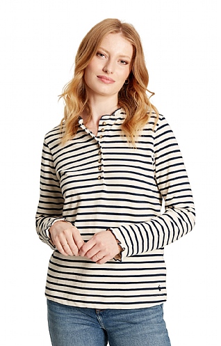 Ladies Joules Maeve Long Sleeve Buttoned Top, Navy Stripe
