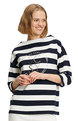 Ladies Betty Barclay Striped Graphic Front Sweater, Dark Blue/Cream