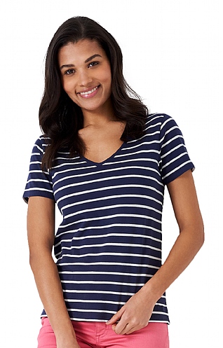 Ladies Crew Clothing Breton V-Neck T-Shirt - Navy/White, Navy/White