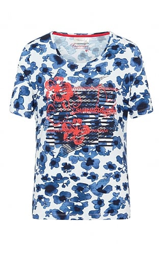 Lebek Ladies Mixed Print T-Shirt, Ecru/Blue