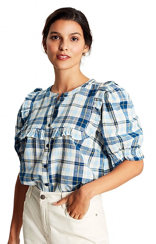 Ladies Joules Clarle Frilled Blouse, Blue Check