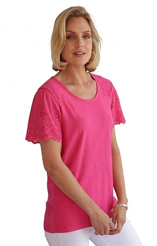 Ladies Pomodoro Broiderie Anglaise T-Shirt, Bright Pink