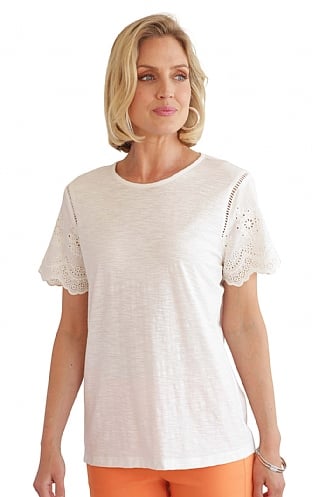 Ladies Pomodoro Broiderie Anglaise T-Shirt - White, White