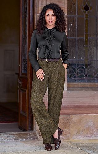 House of Bruar Ladies Tweed Wide Leg Trouser, Gold Forest Barleycorn