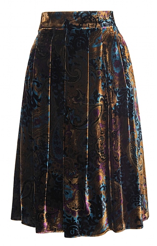 House of Bruar Ladies Velvet Box Pleat Skirt, Burnt Teal Paisley