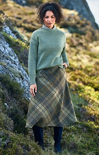 House of Bruar Ladies Tweed Swing Skirt, Denim/Forest Check