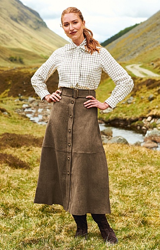 House of Bruar Long Belted Suede Skirt - Olive