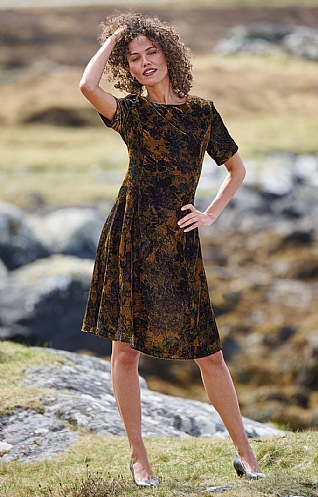 House of Bruar Ladies Velvet Swing Dress, Moss/Copper Floral