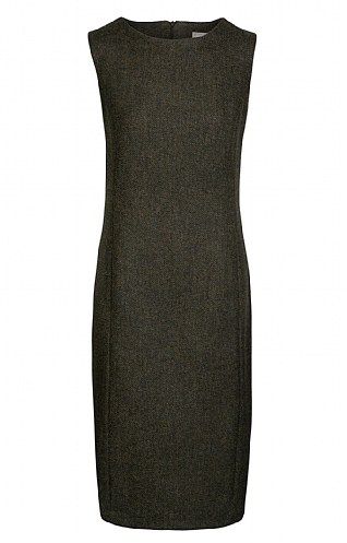 House of Bruar Ladies Tweed Sleeveless Shift Dress, Forest/Green Herringbone