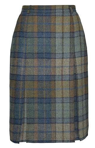 House of Bruar Ladies Tweed Invert Skirt, Denim/Forest Check
