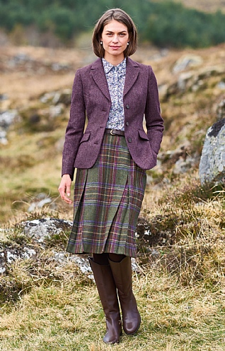 House of Bruar Ladies Tweed Invert Skirt, Juniper/Wine Check