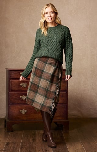 House of Bruar Ladies Tweed Fringed Skirt, Chestnut/Pine Check