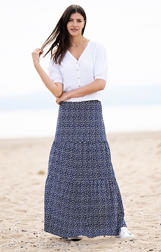 Ladies Marble Print Three Tier Maxi Skirt - Navy/White, Navy/White