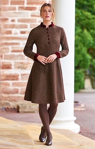 Ladies Velvet Trim Tweed Midi Dress Brown House of Bruar