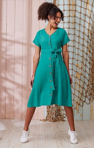 House of Bruar Ladies Linen Mix Button Front Dress - Jade Green