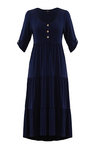 Ladies Marble Button Sleeve Dress - Navy Blue