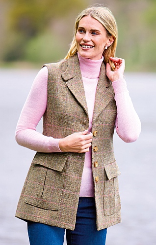 House Of Bruar Ladies Harris Tweed Betty Gilet, Beige/Pink