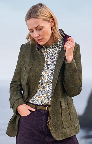 House of Bruar Ladies Tweed Tracker Coat, Forest/Green Herringbone