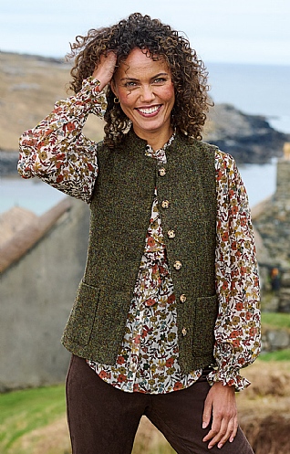 House of Bruar Ladies Harris Tweed Sporting Waistcoat, Green Melange