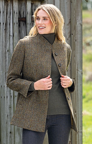 House of Bruar Harris Tweed Ladies Harris Tweed Covered Placket Coat, Moss Herringbone Overcheck