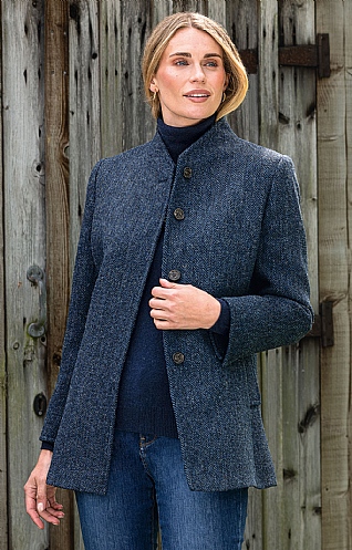 House of Bruar Harris Tweed Ladies Harris Tweed Covered Placket Coat, Dusky/Blue Herringbone