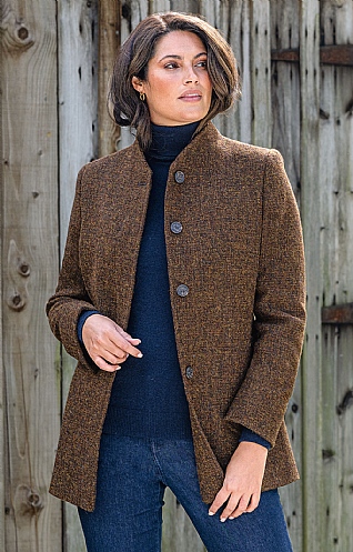 House of Bruar Harris Tweed Ladies Harris Tweed Covered Placket Coat, Peated Bracken