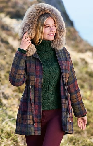 House of Bruar Ladies Tweed Fox Fur Hood Coat, Autumn/Heather Check