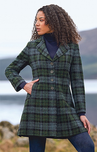 House Of Bruar Ladies Harris Tweed Swing Coat, Green/Blue Plaid