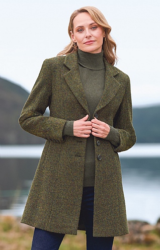 House Of Bruar Ladies Harris Tweed Swing Coat, Green Mel