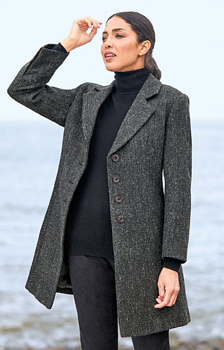 House Of Bruar Ladies Harris Tweed Swing Coat, Grey Herringbone