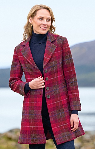 House Of Bruar Ladies Harris Tweed Swing Coat, Raspberry Plaid