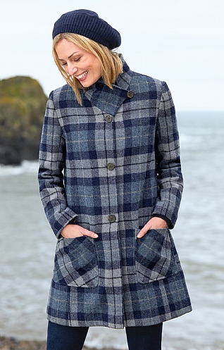 House Of Bruar Ladies Harris Tweed Funnel Coat, Blue/Lovat Check