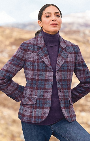 House Of Bruar Ladies Harris Tweed Hacking Jacket, Elderberry/Denim Check