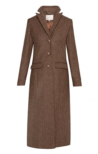 House of Bruar Single Breasted Full-Length Tweed Coat, Earthy/Brown Herringbone