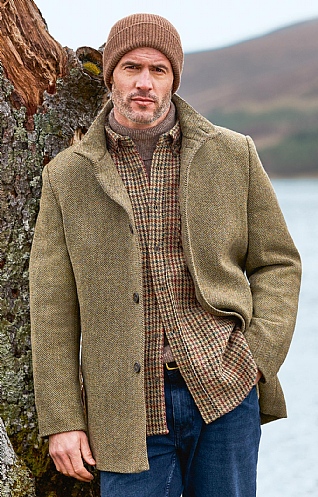 House of Bruar Tweed Car Coat, Lovat/Brown Herringbone