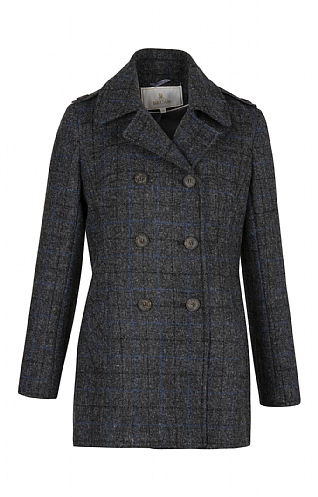 House of Bruar Harris Tweed Ladies Harris Tweed Peacoat, Charcoal/Blue Overcheck