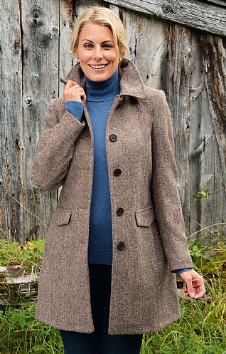 House of Bruar Harris Tweed Ladies Harris Tweed Coat, Light Brown Herringbone Overcheck