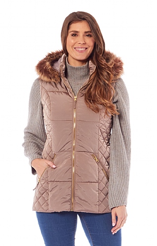 House Of Bruar Ladies Fur Trim Hooded Gilet, Champagne