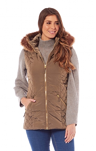 House Of Bruar Ladies Fur Trim Hooded Gilet, Sage