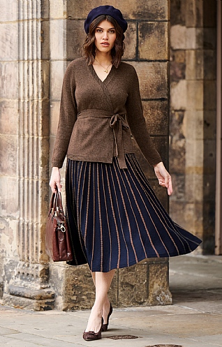 House of Bruar Ladies Silk & Cashmere Skirt, Navy/Brown