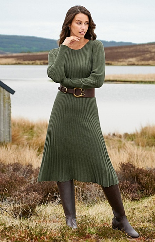 House of Bruar Munrospun Merino & Cashmere Ribbed Dress - Olive
