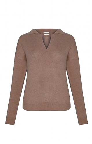 House of Bruar Ladies Cashmere Open Collar Polo - Driftwood Brown, Driftwood