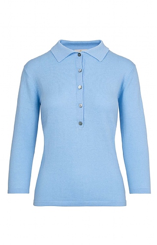 House of Bruar Ladies Cotton and Cashmere Polo Shirt - Soft Blue, Soft Blue